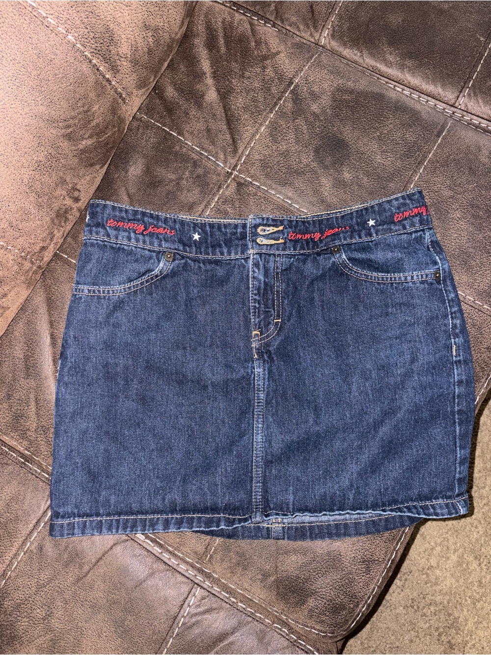 VTG Tommy Hilfiger Blue Denim Mini Skirt with Embroidered Waist